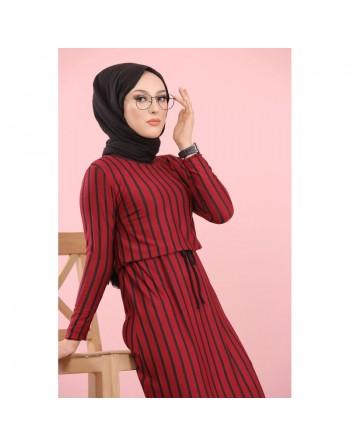 Robe maxi-longue à rayures mode décontracté ceinture intégrée (Vêtement femme voilée) - Couleur bordeaux 