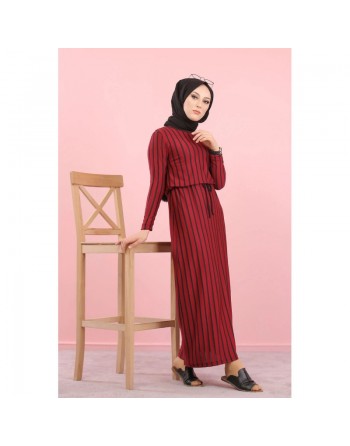Robe maxi-longue à rayures mode décontracté ceinture intégrée (Vêtement femme voilée) - Couleur bordeaux 
