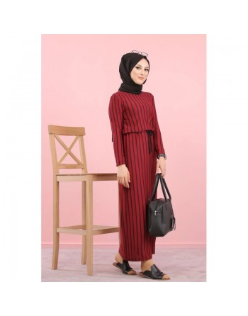 Robe maxi-longue à rayures mode décontracté ceinture intégrée (Vêtement femme voilée) - Couleur bordeaux 