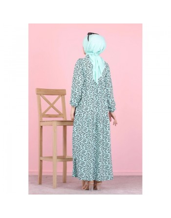 Robe longue boutonnée ample imprimée Nénuphar (Robes Hijab pour femme voilée) - Couleur Vert d'eau 