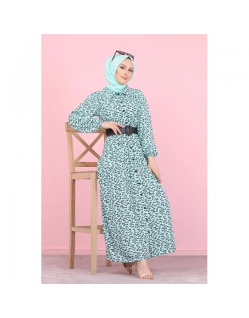 Robe longue boutonnée ample imprimée Nénuphar (Robes Hijab pour femme voilée) - Couleur Vert d'eau 