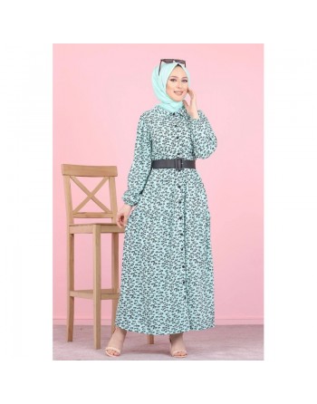 Robe longue boutonnée ample imprimée Nénuphar (Robes Hijab pour femme voilée) - Couleur Vert d'eau 
