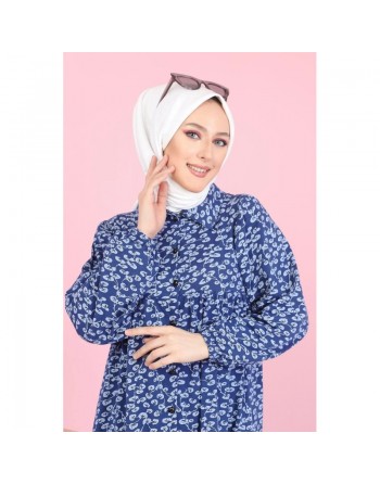 Robe longue boutonnée ample imprimée Nénuphar (Robes Hijab pour femme voilée) - Couleur Bleu marine 