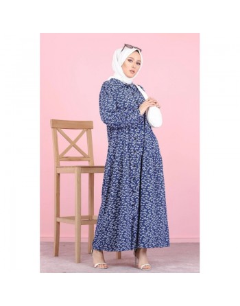 Robe longue boutonnée ample imprimée Nénuphar (Robes Hijab pour femme voilée) - Couleur Bleu marine 
