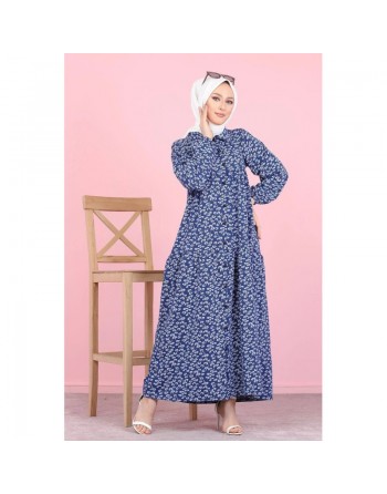 Robe longue boutonnée ample imprimée Nénuphar (Robes Hijab pour femme voilée) - Couleur Bleu marine 