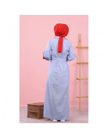 Robe chemise longue imprimée à rayures et ceinture assortie (Vetement femme voilée) - Couleur bleu et blanc 
