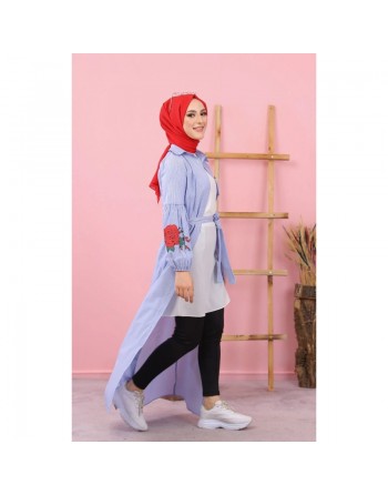 Robe chemise longue imprimée à rayures et ceinture assortie (Vetement femme voilée) - Couleur bleu et blanc 