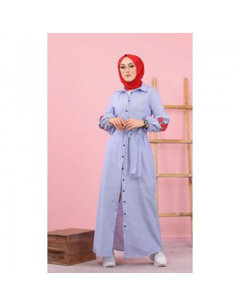 Robe chemise longue imprimée à rayures et ceinture assortie (Vetement femme voilée) - Couleur bleu et blanc 