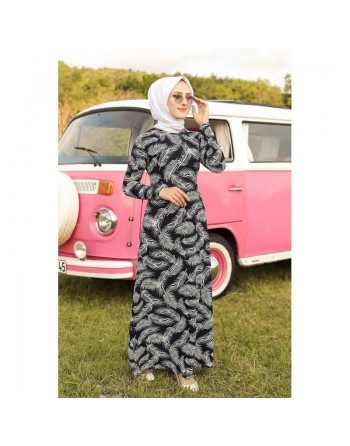 Robe longue imprimée motifs feuilles (Mode musulmane) - Couleur bleu marine 