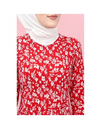 Robe longue évasée à motifs fleurs (Vente en ligne vetement femme musulmane) - Couleur rouge 