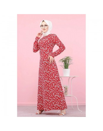 Robe longue évasée à motifs fleurs (Vente en ligne vetement femme musulmane) - Couleur rouge 