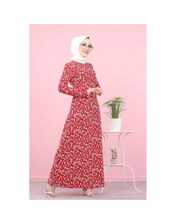 Robe longue évasée à motifs fleurs (Vente en ligne vetement femme musulmane) - Couleur rouge 
