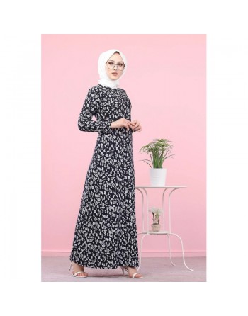 Robe longue évasée à motifs fleurs (Vente en ligne vetement femme musulmane) - Couleur bleu marine 