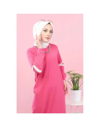 Robe longue moderne et décontractée bi-couleur pour femme voilée (Robes Hijab pas cher) - Couleur rose fuchsia et blanc 