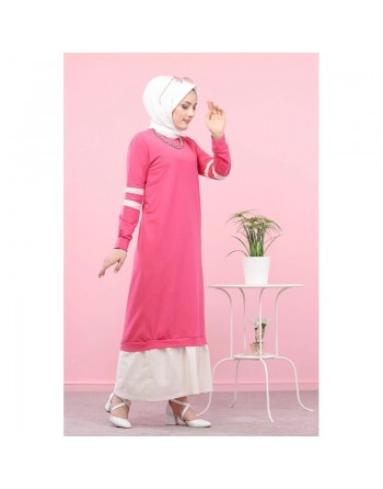 Robe longue moderne et décontractée bi-couleur pour femme voilée (Robes Hijab pas cher) - Couleur rose fuchsia et blanc 