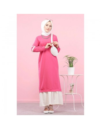 Robe longue moderne et décontractée bi-couleur pour femme voilée (Robes Hijab pas cher) - Couleur rose fuchsia et blanc 