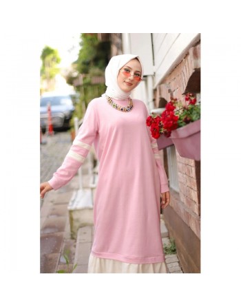 Robe longue moderne bi-couleur style décontracté (Robes pas cher femme voilée en ligne) - Couleur rose clair et blanc 