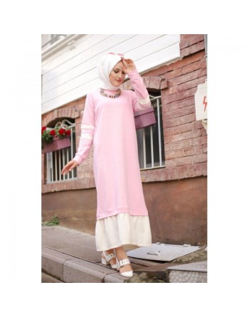 Robe longue moderne bi-couleur style décontracté (Robes pas cher femme voilée en ligne) - Couleur rose clair et blanc 