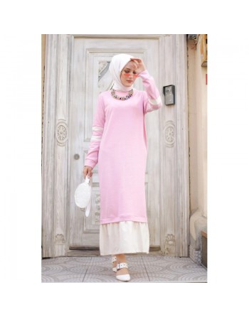 Robe longue moderne bi-couleur style décontracté (Robes pas cher femme voilée en ligne) - Couleur rose clair et blanc 