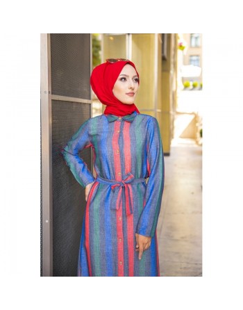 Robe entièrement boutonnée devant avec ceinture assortie (Vetement été femme voilée) - Couleur des rayures :... 
