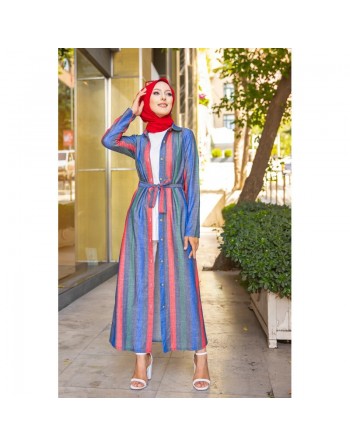 Robe entièrement boutonnée devant avec ceinture assortie (Vetement été femme voilée) - Couleur des rayures :... 
