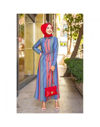 Robe entièrement boutonnée devant avec ceinture assortie (Vetement été femme voilée) - Couleur des rayures :... 