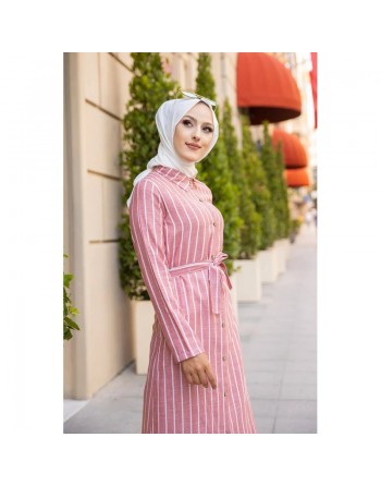 Robe à rayure boutonnée (ouverte) sur toute la longueur avec ceinture assortie (Vetement d'été femme hijab) - Couleur... 