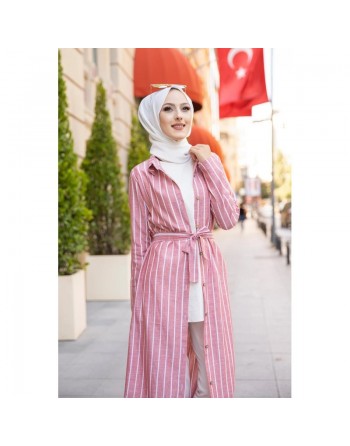 Robe à rayure boutonnée (ouverte) sur toute la longueur avec ceinture assortie (Vetement d'été femme hijab) - Couleur... 