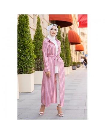Robe à rayure boutonnée (ouverte) sur toute la longueur avec ceinture assortie (Vetement d'été femme hijab) - Couleur... 