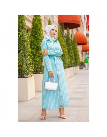 Robe à rayures boutonnée (ouverte) avec ceinture assortie (Vetement été femme voilée) - Couleur menthe 