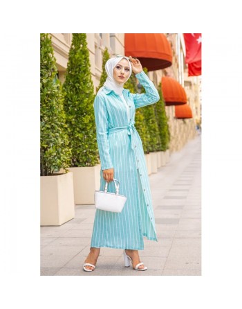 Robe à rayures boutonnée (ouverte) avec ceinture assortie (Vetement été femme voilée) - Couleur menthe 