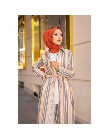 Robe chemise d'été longue à rayures (Vetement hijab chic pour femme) - Multi couleurs 