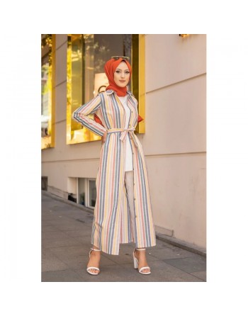 Robe chemise d'été longue à rayures (Vetement hijab chic pour femme) - Multi couleurs 