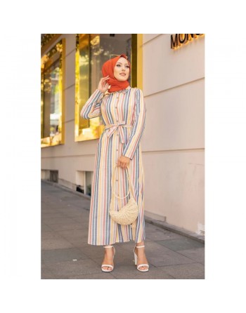 Robe chemise d'été longue à rayures (Vetement hijab chic pour femme) - Multi couleurs 