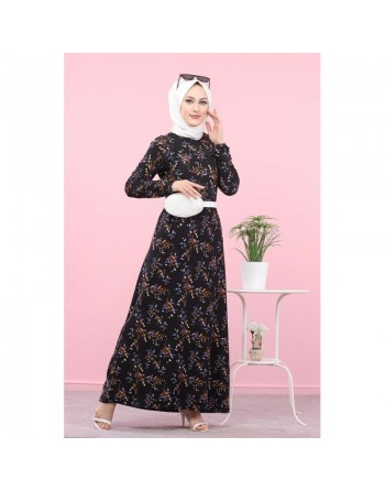 Robe longue fleurie (Vetement mastour pour femme voilée) - Couleur noire 