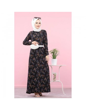 Robe longue fleurie (Vetement mastour pour femme voilée) - Couleur noire 