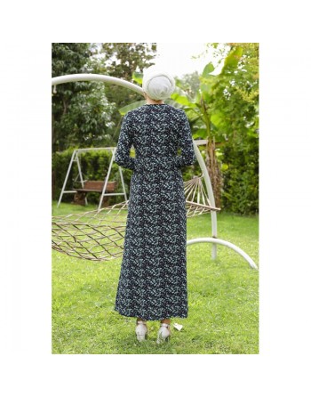 Robe fleurie évasée (imprimée fleurs) - Couleur bleue marine 
