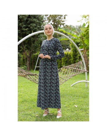 Robe fleurie évasée (imprimée fleurs) - Couleur bleue marine 
