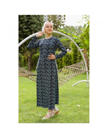 Robe fleurie évasée (imprimée fleurs) - Couleur bleue marine 