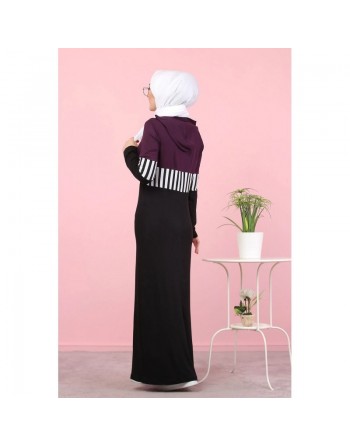 Robe moderne décontractée à capuche pour femme (Mode islamique et Sport-Wear) - Couleur noir blanc et prune 