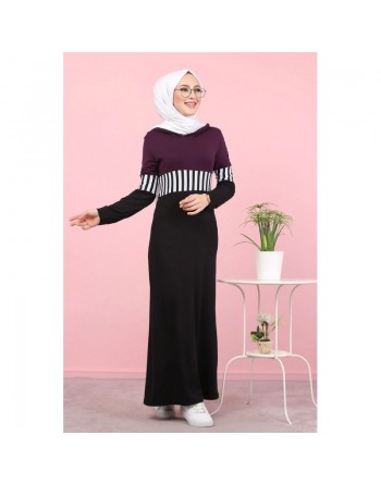 Robe moderne décontractée à capuche pour femme (Mode islamique et Sport-Wear) - Couleur noir blanc et prune 