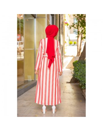 Robe à rayure boutonnée (ouverte) sur toute la longueur avec ceinture assortie pour femme (Vetement hijab été) - Couleur... 