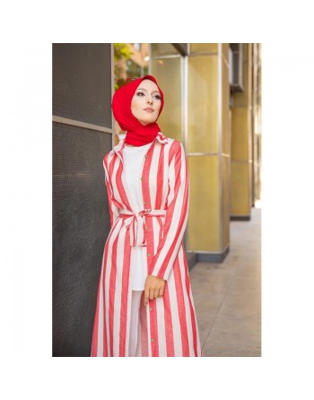 Robe à rayure boutonnée (ouverte) sur toute la longueur avec ceinture assortie pour femme (Vetement hijab été) - Couleur... 