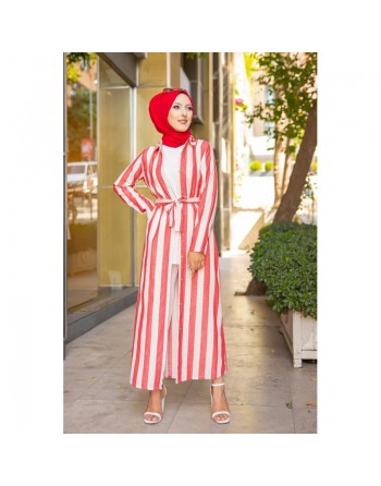Robe à rayure boutonnée (ouverte) sur toute la longueur avec ceinture assortie pour femme (Vetement hijab été) - Couleur... 