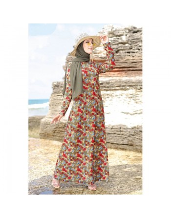 Robe longue fleurie sur un fond de couleur Kaki pour femme voilée (Boutique en ligne Modeste fashion France) 