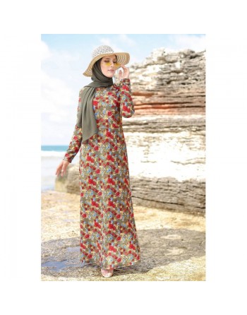 Robe longue fleurie sur un fond de couleur Kaki pour femme voilée (Boutique en ligne Modeste fashion France) 