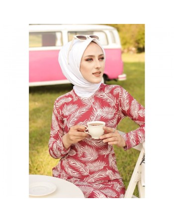 Robe longue imprimée motifs feuilles (Mode musulmane) - Couleur rose framboise 