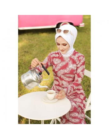 Robe longue imprimée motifs feuilles (Mode musulmane) - Couleur rose framboise 