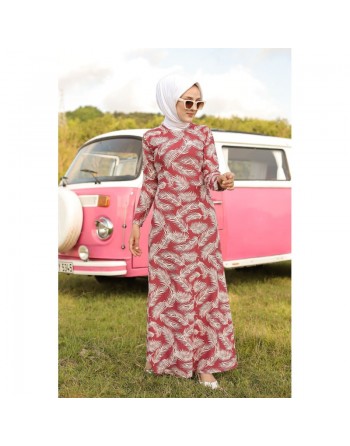 Robe longue imprimée motifs feuilles (Mode musulmane) - Couleur rose framboise 