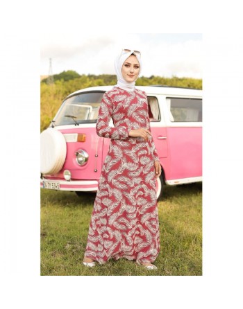Robe longue imprimée motifs feuilles (Mode musulmane) - Couleur rose framboise 